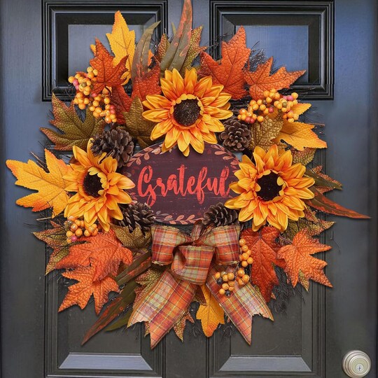 Sanchez; 20 inch Autumn Sunflower Wreath, Harvest Decor for Farmhouse Outdoor Porch,Thanksgiving Wall Decorations for Home,Fall Indoor Decor with Fall Leaf,Sunflower; Category:Fall Wreaths; Image:1